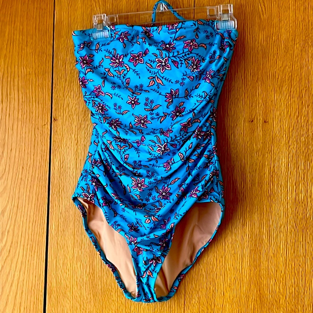 New with tags RARE J. Crew M aqua floral bandeau maillot swimsuit neck strap